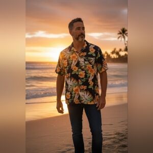 Caribbean Floral Button Down Shirt - Navy and Orange